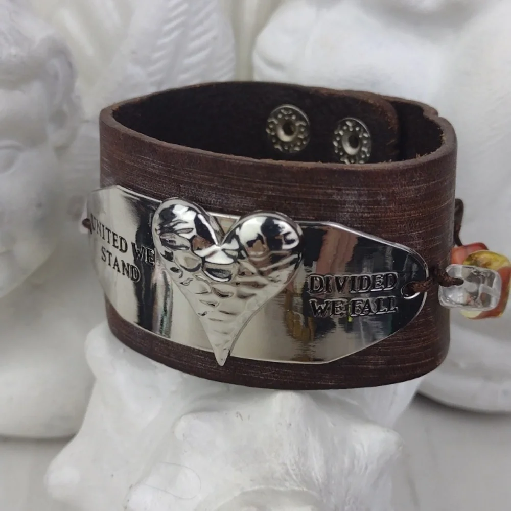 Leather Cuff Bracelet W/Crafted Hammered Silver Heart 